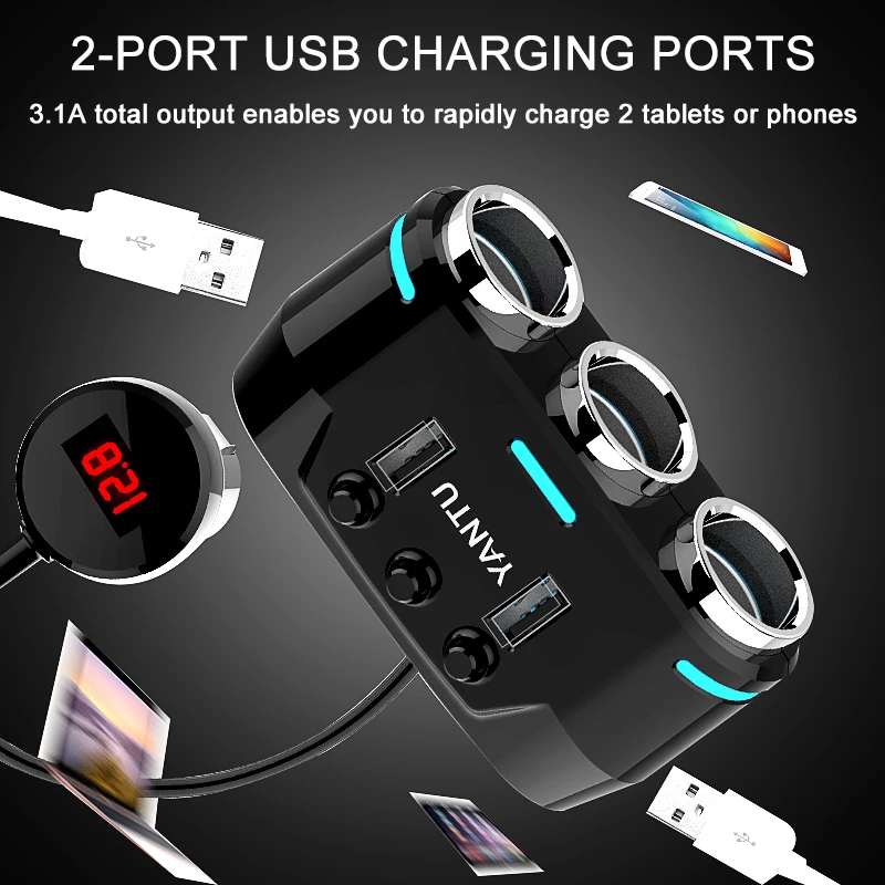 3-Socket 12V Splitter + Dual USB Charger